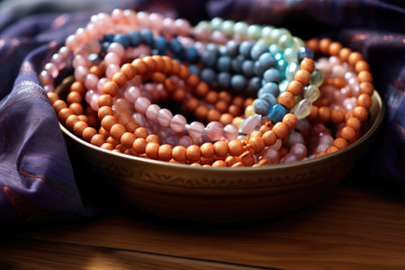 beaded malas draped over a warm-toned bowl, created with generative aiの素材
