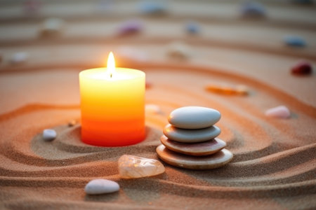 glowing candle among zen stones on sand, created with generative aiの素材