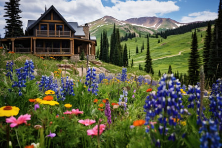 a mountain lodge surrounded by a variety of wildflowers, created with generative aiの素材