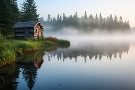 fishing cabin by a misty lake during early morning light, created with generative aiの素材