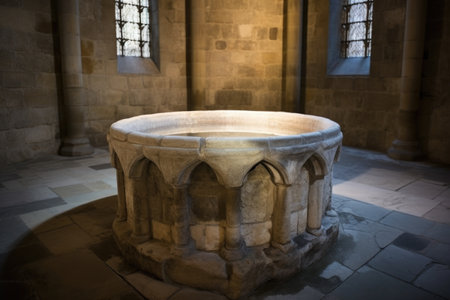 baptismal font made of stone illuminated by daylight, created with generative aiの素材