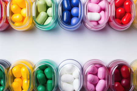 top view of multiple pill bottles with various colored lids, created with generative aiの素材