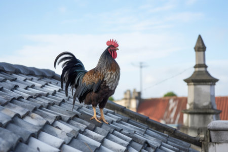 rooster sitting on the roof of a synagogue, created with generative aiの素材