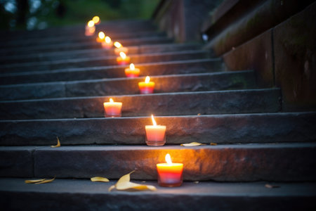 candles on sacred stone steps leading upwards, created with generative aiの素材