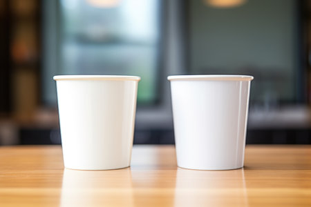 two empty coffee cups facing opposite directions, created with generative aiの素材