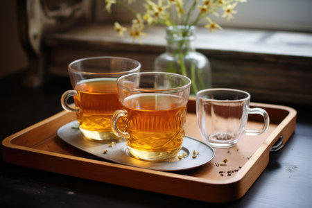 two teacups on a tray, one filled with tea, another empty, created with generative aiの素材