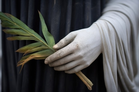 detail of a stone statues hand holding a martyrs palm branch, created with generative aiの素材