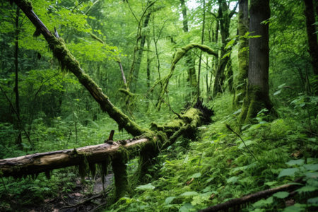 an eradicated dead tree in the midst of lush green forest, created with generative aiの素材