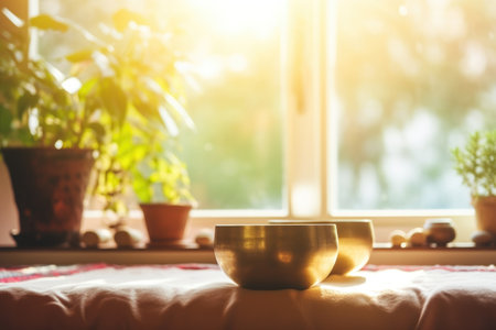 singing bowl set near window with natural light, created with generative aiの素材