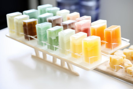 moisturizing soap bars in various shapes and colours on a rack, created with generative aiの素材