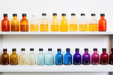 an array of color-sorted skincare bottles on a white shelf, created with generative aiの素材