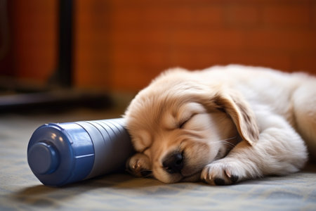 image of sleeping puppy near a sports water bottle, created with generative aiの素材