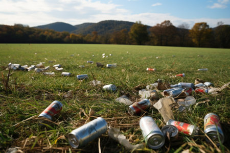 beer cans scattered in a field, created with generative aiの素材