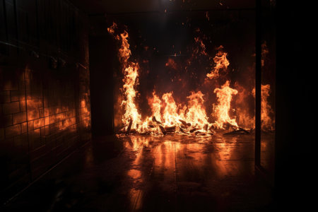 fire burning brightly in a dark room, created with generative aiの素材