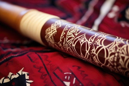 close-up of a didgeridoo carved with tribal designs, created with generative aiの素材