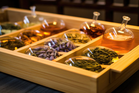 a picture of flavored herbal teas on a bamboo tray beside a spa tub, created with generative aiの素材