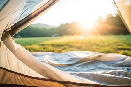 a dewy camping tent in the morning sunlight, created with generative aiの素材