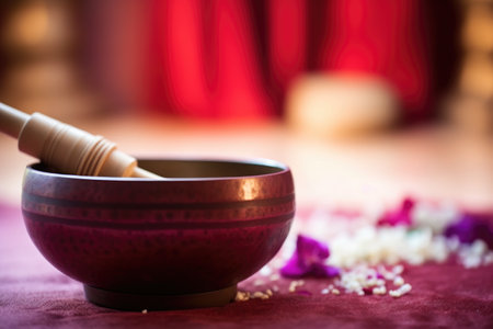 close-up view of a singing bowl with its mallet, created with generative aiの素材