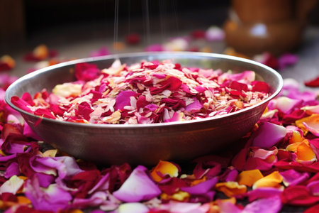 close-up shot of a petal-filled bowl used in spiritual rituals, created with generative aiの素材