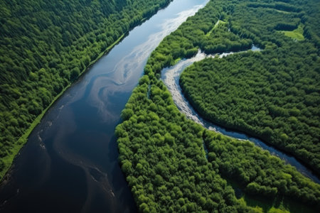high-angle shot of river forming a natural border, created with generative aiの素材