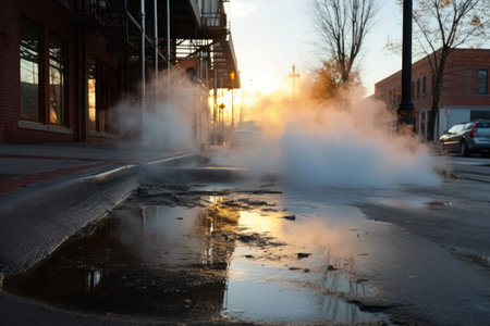 steam rising from a city sewer grate, created with generative aiの素材