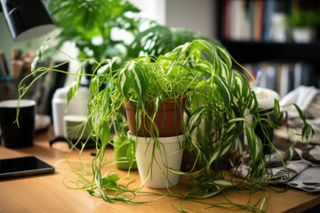 drooping plant next to a messy desk portraying stress, created with generative aiの素材