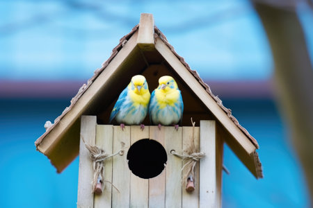 a pair of budgies inside a wooden bird house hanged on a tree, created with generative aiの素材