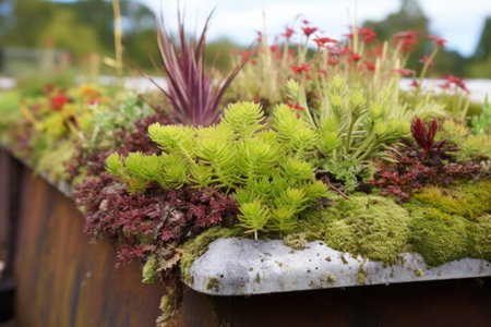 close-up of a living roof with diversified flora, created with generative aiの素材