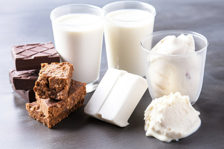 close-up of protein bars and yogurt, created with generative aiの素材