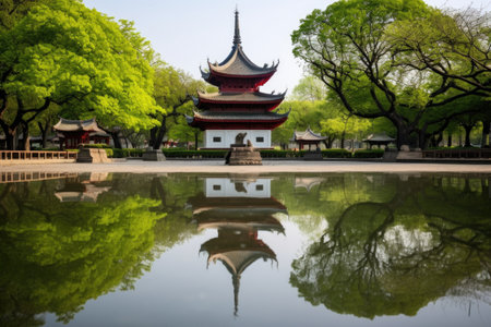 reflection of a pagoda in a calm, clear pond, created with generative aiの素材