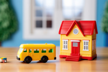 mini toy school bus traveling from one house toy to another, created with generative aiの素材