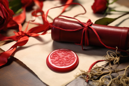 flatlay photo of a red wax seal on tied scroll, created with generative aiの素材