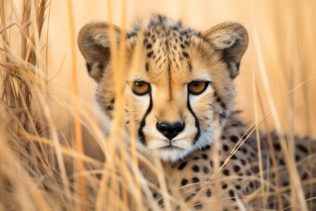 cheetah lying down in tall grass, created with generative aiの素材