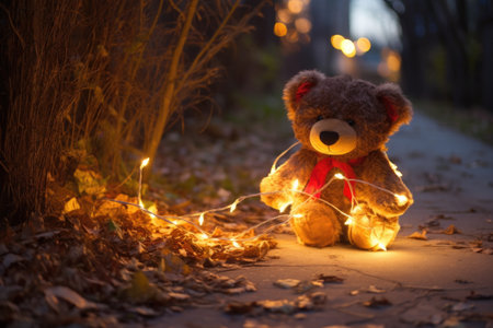 bear toy on a park path illuminated by string lights, created with generative aiの素材