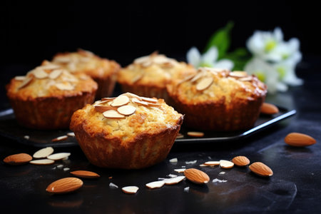 gluten-free almond muffins with sliced almonds on a black slate, created with generative aiの素材