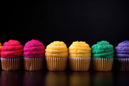 brightly colored muffins arranged in a row on a black background, created with generative aiの素材