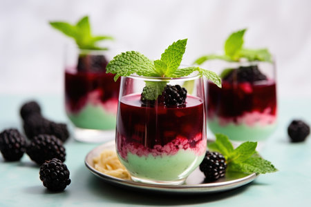 birchers with blackberry, mint leaf in a glass bowl, created with generative aiの素材