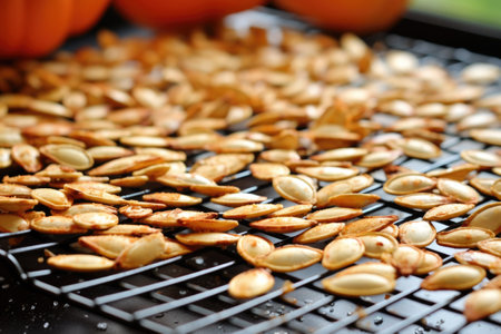 toasted pumpkin seeds on a cooling rack, created with generative aiの素材