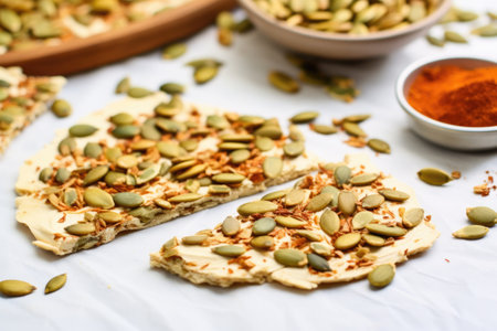 pumpkin seeds spread on a piece of parchment paper, created with generative aiの素材