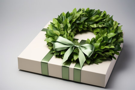 lush green wreath folded in a white box, created with generative aiの素材