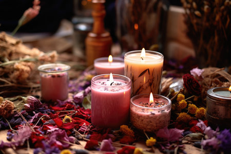 aromatherapy candles with scattered dried flowers around it, created with generative aiの素材