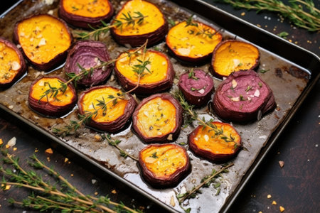 overhead shot of roasted beets with thyme on a stone tray, created with generative aiの素材