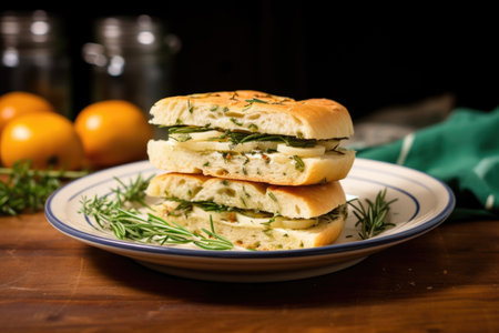 a focaccia sandwich with fresh thyme on a ceramic plate, created with generative aiの素材
