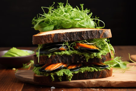 mussels and avocado sandwich on whole grain bread, created with generative aiの素材