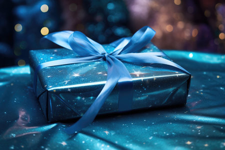 a close shot of a gift wrapped in blue sparkling paper, created with generative aiの素材
