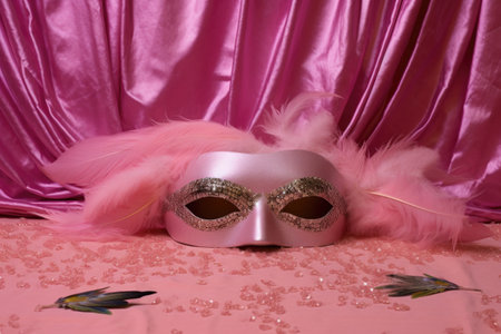 a pink sleeping mask with sequins lying on a satin pillow, created with generative aiの素材