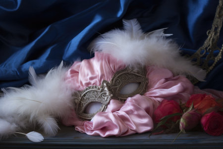 a silk sleeping mask resting on a white fluffy pillow, created with generative aiの素材