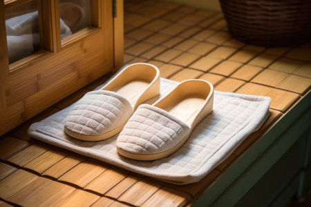unisex cotton slippers on a bamboo bathroom mat for a spa-like feel, created with generative aiの素材