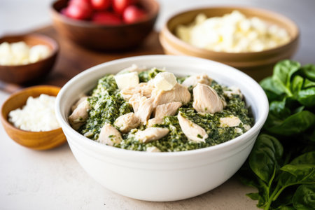 bowl of feta cheese and spinach mixture next to raw chicken, created with generative aiの素材