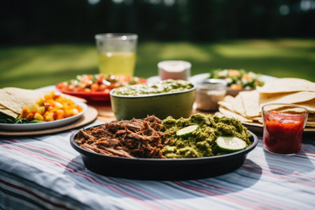 cloudy day picnic featuring beef tacos with guacamole, created with generative aiの素材